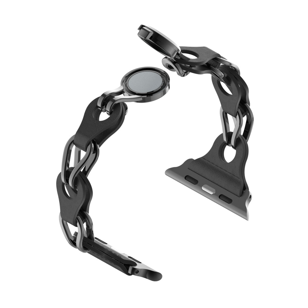 Uniqkart for Apple Watch Ultra 49mm / Series 8 7 45mm / 6 5 4 SE (2022) SE 44mm / 3 2 1 42mm Leather+Stainless Steel Chain Magnetic Buckle Watch Strap - Black Uniqkart for Apple Watch Ultra 49mm / Series 8 7 45mm / 6 5 4 SE (2022) SE 44mm / 3 2 1 42mm Leather+Stainless Steel Chain Magnetic Buckle Watch Strap - Black